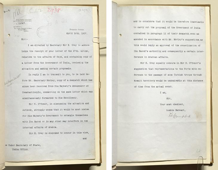 Letter from the Foreign Office to the Under Secretary of State for India, 16 April 1907. IOR/L/PS/10/50/3, ff. 47-48