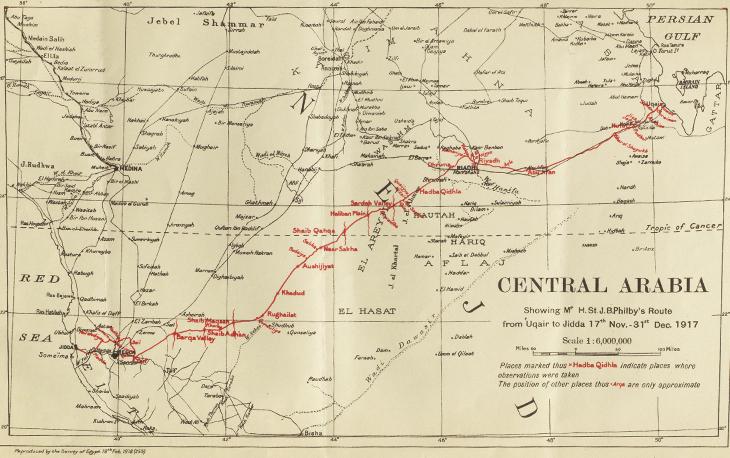 Map showing the route across Arabia of Philby’s diplomatic mission to Ibn Saud in 1917. IOR/L/PS/10/658, f. 103r