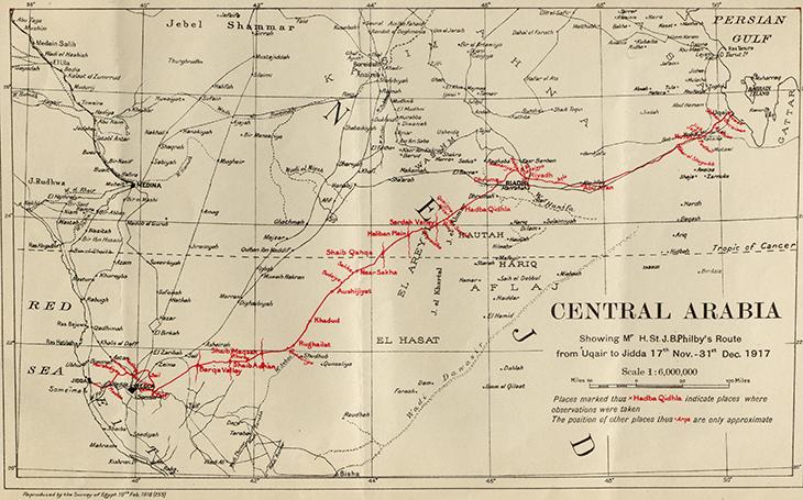 خريطة تبيّن الطريق التي سلكها فيلبي من العقير إلى جدة باللون الأحمر. IOR/L/PS/10/658، ص. ١٠٣و