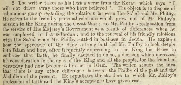 ‘The King’s strong faith led Mr. Philby to look deeply into Islam’. The British Minister to Jeddah recounts an article in defence of Philby’s motives for conversion in the newspaper Umm-al-Qura on 30th January 1931. IOR/L/PS/12/2071, f. 280r