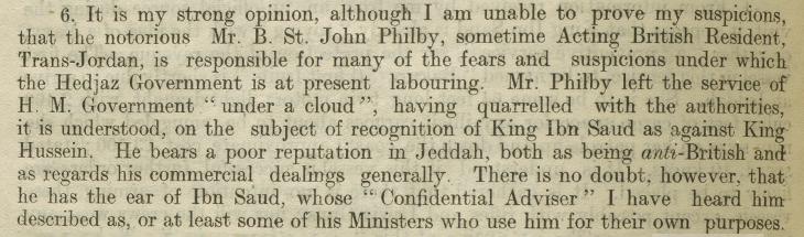 Mention of Philby in an extract of a letter from the Commander of HMS Clematis, 11th June 1929. IOR/L/PS/12/2071, f. 526v