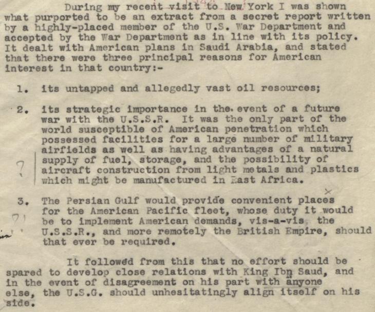 Extract of minute paper by Isaiah Berlin, describing the contents of a secret report on the US Government’s long-term plans in Saudi Arabia, 5 January 1944. IOR/L/PS/12/2124, f. 36r