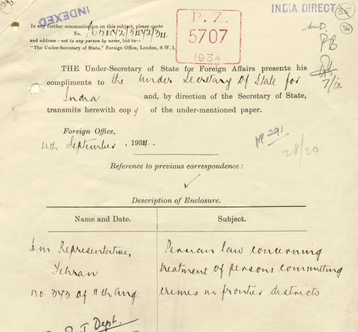 Extract of a cover slip enclosing correspondence received by the Foreign Office from the British Legation in Tehran, for the attention of the India Office, 4 September 1934. IOR/L/PS/12/3427, f. 36