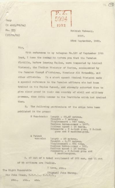 A report from the British Embassy in Rome describing the launch of Iran’s Italian-built Imperial Navy from Naples, 23 September 1932. IOR/L/PS/12/3776, f. 75r