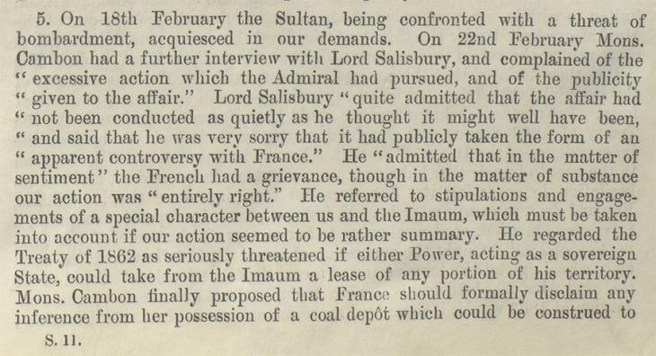 Excerpt of a memorandum by Sir William Lee-Warner, describing the Sultan’s acceptance of British demands in light of ‘a threat of bombardment’, 7 March 1899. IOR/L/PS/18/B119, f. 91r