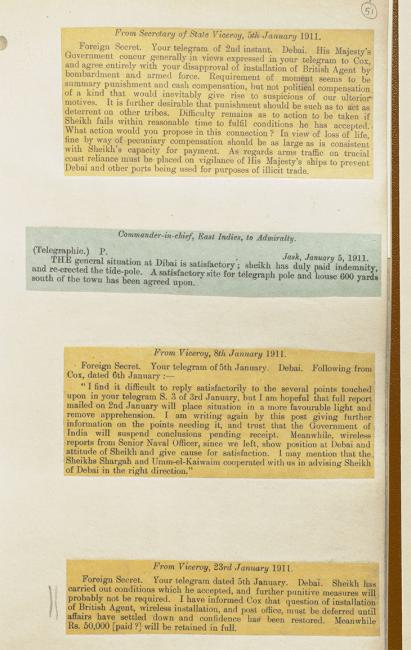 Copies of telegrams between the British Government, the Government of India, and British officials in the Gulf concerning The Dubai Incident. IOR/L/PS/18/B321, f. 51