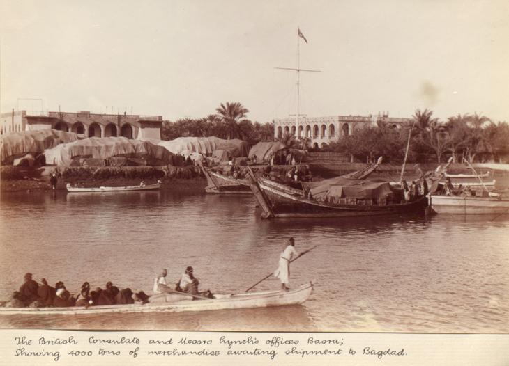 Photograph taken in Basra in 1906, showing the offices of Messrs Lynch (left) and the British Consulate, as seen from across the river. IOR/L/PS/20/C260, f 25 2