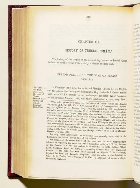 Chapter III: History of Trucial ‘Omān’ in the historical section of Lorimer’s Gazetteer. IOR/L/PS/20/C91/1, p. 630