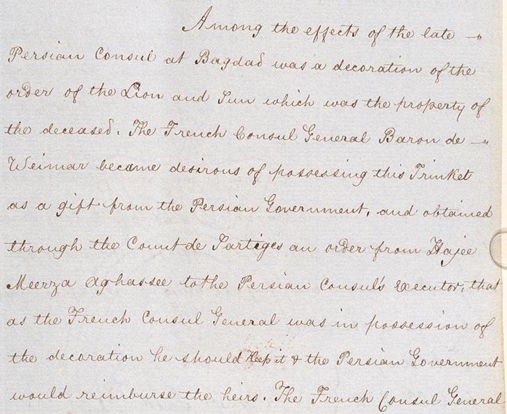 Extract of a letter from Sheil to Viscount Palmerston, relating the custodial history of the medal, 23 April 1847. IOR/L/PS/5/450, f. 120r