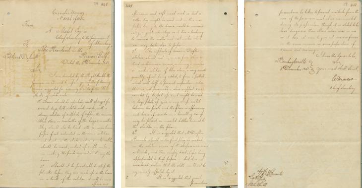 Circular memo from Arthur Malet, Chief Secretary to the Government of Bombay, to the Resident in the Persian Gulf, dated 5 December 1851. IOR/R/15/1/128, ff. 28–29