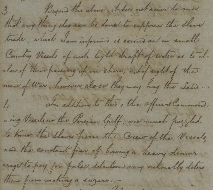 Excerpt of a letter from Captain H. J. Leeke, Commodore of the Indian Marine, to Lord Falkland, Governor of Bombay, describing the difficulties of ‘[suppressing] the slave trade’ in the Gulf, 7 October 1852. IOR/R/15/1/130, f. 284v