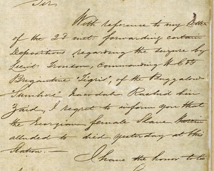 Extract of a letter from Commodore George Robinson, Commanding Officer, Persian Gulf Squadron, dated 5 August 1853, informing the Resident that the enslaved Georgian woman had died at Bāsa‘īdū. IOR/R/15/1/138, f. 376
