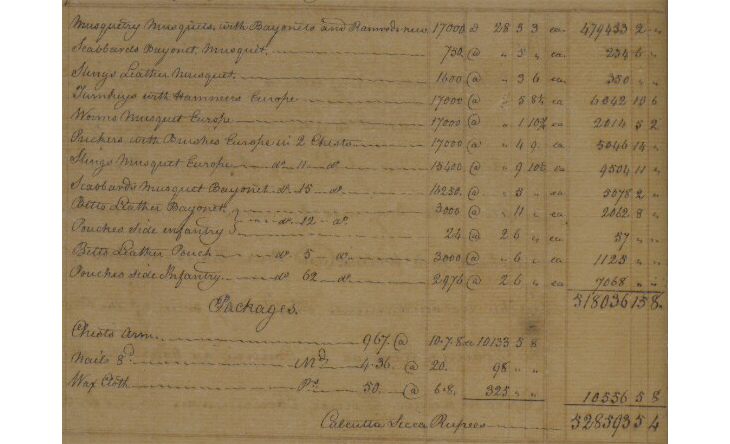 Invoice for an order of 17,000 muskets intended for the Shah of Persia, 9 December 1812. IOR/R/15/1/13, f 95, f. 95v