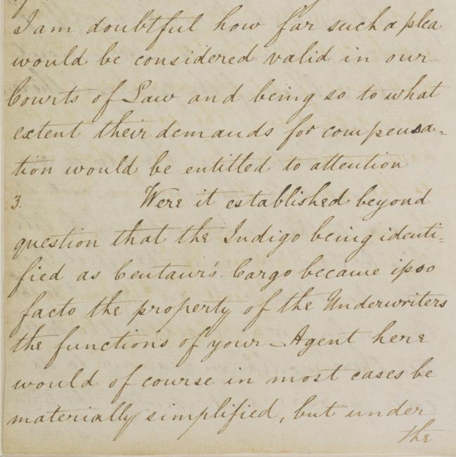 Excerpt from a letter by Captain Arnold Kemball, Resident in the Persian Gulf, expressing the difficulties associated with recovering the Centaur’s cargo of indigo, 22 May 1854. IOR/R/15/1/143, f. 221v