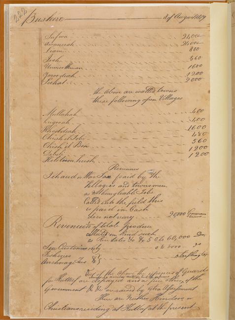 Extract from one of George Sadleir’s letters containing a list of towns and their populations in the province of al-Hasa, 17 July 1819. IOR/R/15/1/19 f. 114v