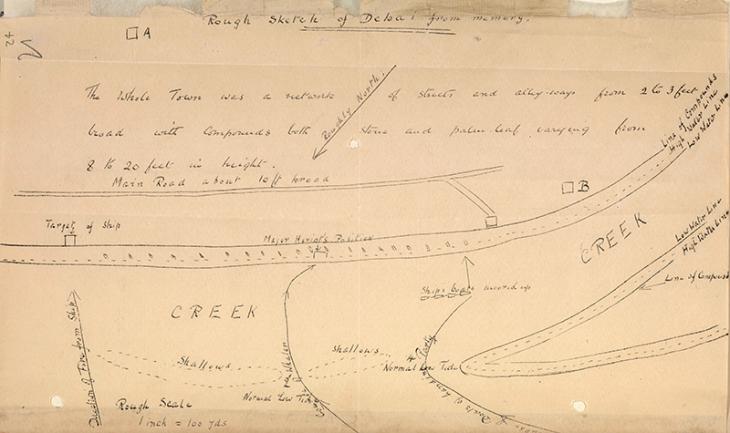 Rough sketch from memory of Dubai (‘Debai’) showing the approach of the landing party from HMS Hyacinth, dated 26 December 1910. IOR/R/15/1/235, f. 24r