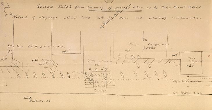 Rough sketch from memory of position taken up by Major Heriot in Dubai, dated 26 December 1910. IOR/R/15/1/235, f. 25r