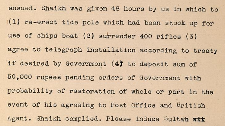 Extract of a telegram sent by the Political Resident to Muscat Agent, 8 January 1911. IOR/R/15/1/235, f. 31