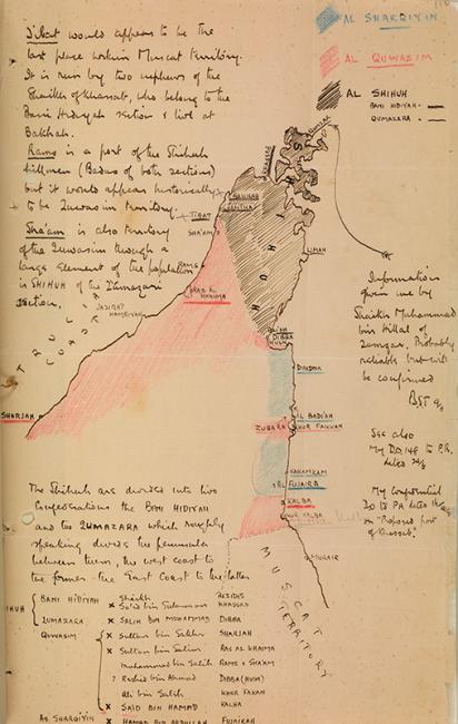 Sketch map of the Musandam Peninsula drawn by Bertram Thomas in November 1926 to illustrate the allegiance of different tribes. IOR/15/1/278, f. 116r