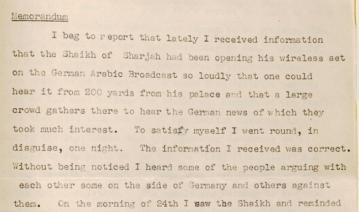 Extract of the first page of Razuqi’s report on German radio broadcasts in Arabic. IOR/R/15/1/281, f. 166