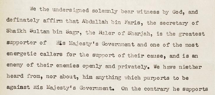 Extract of petition signed by forty-eight prominent residents of Sharjah vouching for the loyalty of bin Faris. IOR/R/15/1/281, f. 174