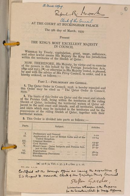 نسخة مصدقة من المرسوم الملكي البريطاني لقطر سنة ١٩٣٩. IOR/R/15/1/312، ص. ٢