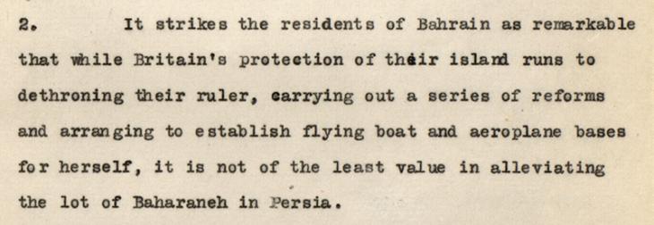 Extract of a letter from Cyril Charles Johnson Barrett, the British Political Resident in the Persian Gulf, to the British Legation in Tehran 21 August 1929. IOR/R/15/1/216/321, f. 259