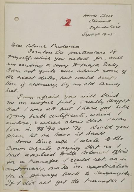 أول صفحة من الخطاب المُرسَل من بلجريف إلى بريدو، ١١ سبتمبر ١٩٢٥. IOR/R/15/1/362، ص. ١ه