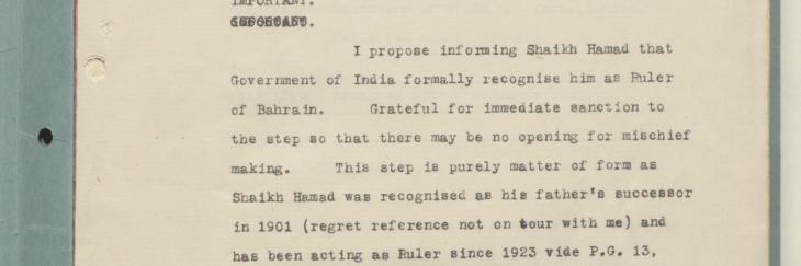 Extract from a telegram confirming the British Government in India&#039;s formal recognition of Hamad as the ruler of Bahrain. IOR/R/15/1/368, f. 3r