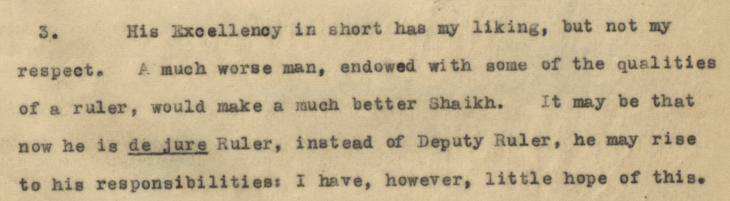 An extract from a letter from the British Political Resident in the Persian Gulf, Trenchard Craven Fowle to the British Government in India criticising Hamad’s apparent disinterest in ruling. IOR/R/15/1/368, f. 6r