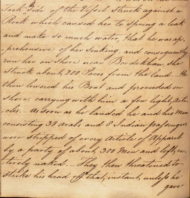 An account of the wreck and plunder of the Budree by the nakhuda, 10 June 1826. IOR/R/15/1/36 f. 90v