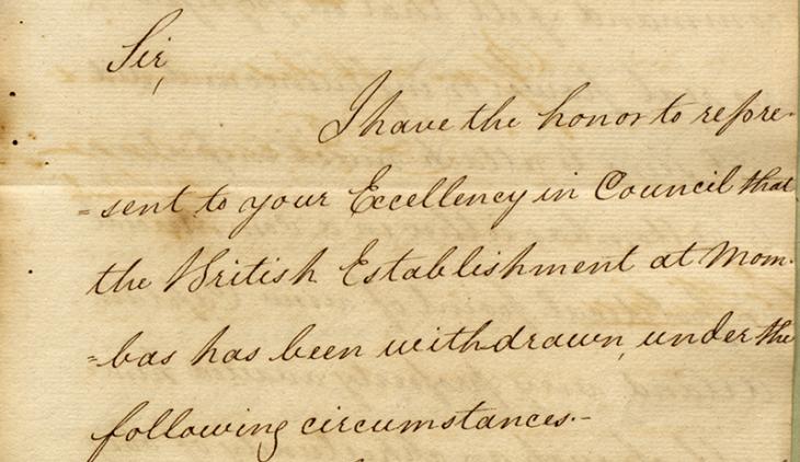 Extract of a letter from Commodore Hood Hanway Christian, to the Right Honourable Mountstuart Elphinstone, Governor in Council in Bombay, dated 5 September 1826. IOR/R/15/1/39, ff. 21–22