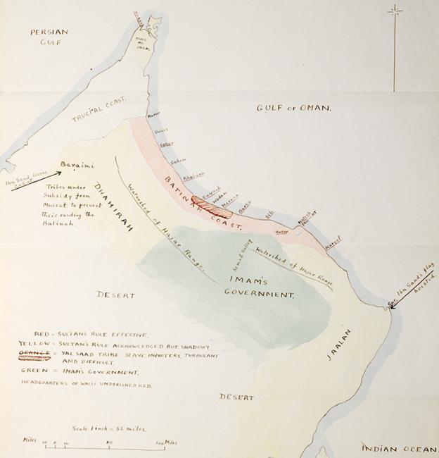 خريطة أولية بقلم مورفي توضح حدود نفوذ السلطان في عُمان، ٣٠ أكتوبر ١٩٢٨. IOR/R/15/1/441، ص. ١٩٩و