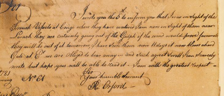 Extract of a letter from Roger Orford to William Digges Latouche, 5 September 1781. IOR/R/15/1/4, f 12v 1