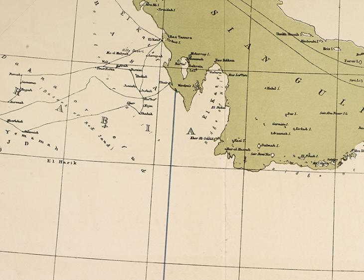 Map indicating the &#039;blue line&#039;, formerly established under the Anglo-Turkish Convention of 1913, and which Britain later used to try to restrain Ibn Saud&#039;s territorial ambitions. IOR/R/15/1/614, f. 20