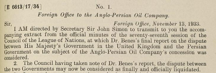 مقتطف من رسالة تنقل التقرير النهائي عن النزاع  بين شركة النفط الأنجلو-فارسية وإيران بتاريخ ١٣ نوفمبر ١٩٣٣. IOR/R/15/1/636، ص. ١٤٣و