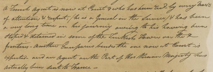 Extract of a letter from William Bruce, Acting Resident at Bushire, to Jonathan Duncan, Governor of Bombay, reporting on Jaubert’s arrival at the Persian Court, August 1806. IOR/R/15/1/9, f. 160v