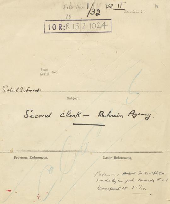 Front cover of a file relating to the employment of the Second Clerk at the Bahrain Agency, 1944-1945. IOR/R/15/2/1024, front