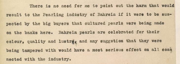 Extract of letter from Charles Prior, Political Agent in Bahrain, to Political Resident Cyril Barrett, dated 2 June 1929, on the subject of cultured pearl production in Bahrain, IOR/R/15/2/122, ff 46r