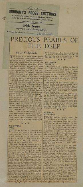 &quot;لآلئ الأعماق الخطيرة&quot;: مقالة عن صيد اللؤلؤ من جريدة الآيريش نيوز، بتاريخ ١۸ أبريل ١٩٣٥. IOR/R/15/2/1349، ص. ١٥