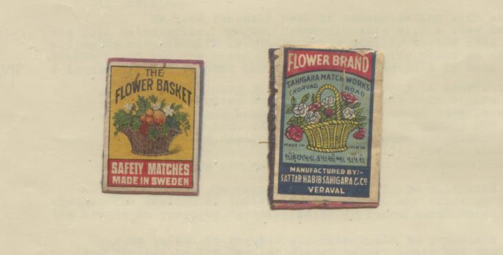 Detail of Swedish ‘Flower Basket’ matchbox label and Indian imitation. IOR/R/15/2/1351, f. 16