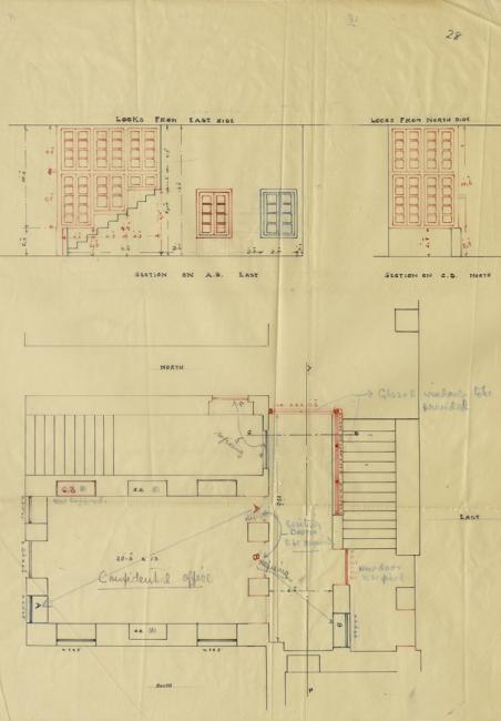 Plan and elevations of the Confidential Office of the Political Agency, Bahrain. IOR/R/15/2/1638, f 28