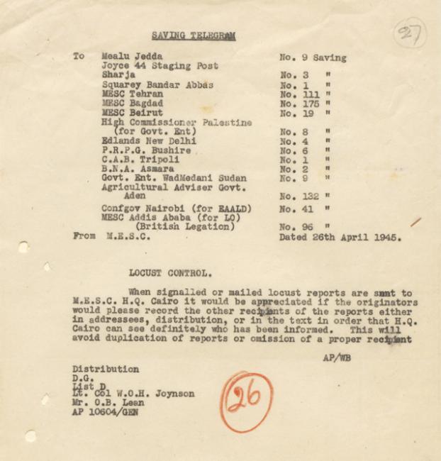 Telegram from the Middle East Supply Centre concerning locust control, 26 April 1945. IOR/R/15/2/1741, f. 27