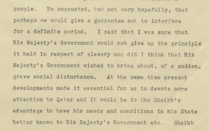 Excerpt of Pelly’s letter to Hay, relaying Shaikh Abdullah’s request for the British ‘not to interfere’, 20 January 1949. IOR/R/15/2/2000, f. 6r