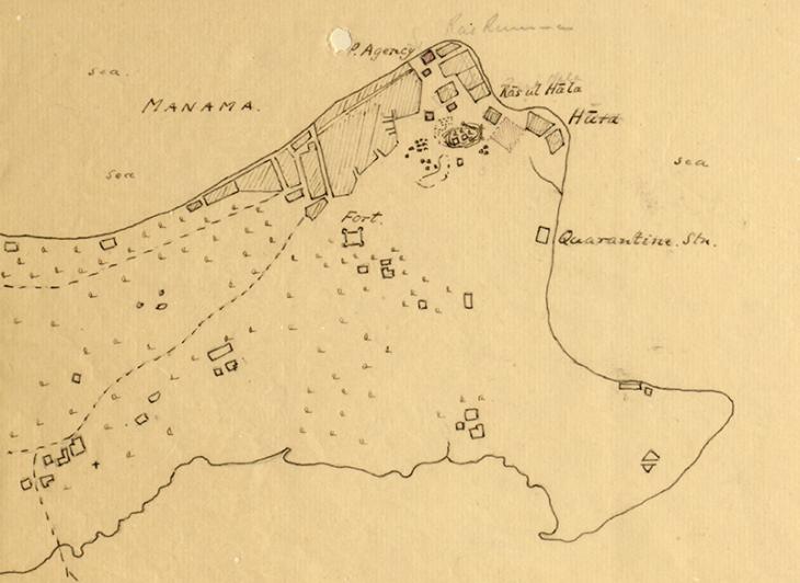 خريطة مرسومة للمنامة والمنطقة المحيطة استخدمت في تحديد الموقع المحتمل لمحطة التلغراف اللاسلكي، حوالي ١٩١٢. IOR/R/15/2/20،  ص.١٦و