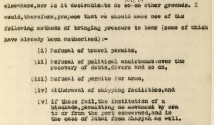 Report sent by the Political Agent Lieutenant-Colonel Percy Loch, to the Political Resident, dated 13 June 1933, with recommendations on how to force progress in the negotiations for air facilities. IOR/R/15/2/263, ff. 58–69