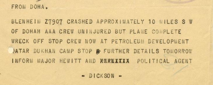 Telegram from Doha to the Political Agent in Bahrain, dated 17 December 1941, reporting on the crash of a Blenheim outside Doha. IOR/R/15/2/275, f. 7