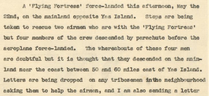 Extract of a letter from the Political Agent in Bahrain to the Residency Agent at Sharjah, dated 22 May 1944, on the forced landing of an American Boeing B-17 Flying Fortress. IOR/R/15/2/276, f. 17
