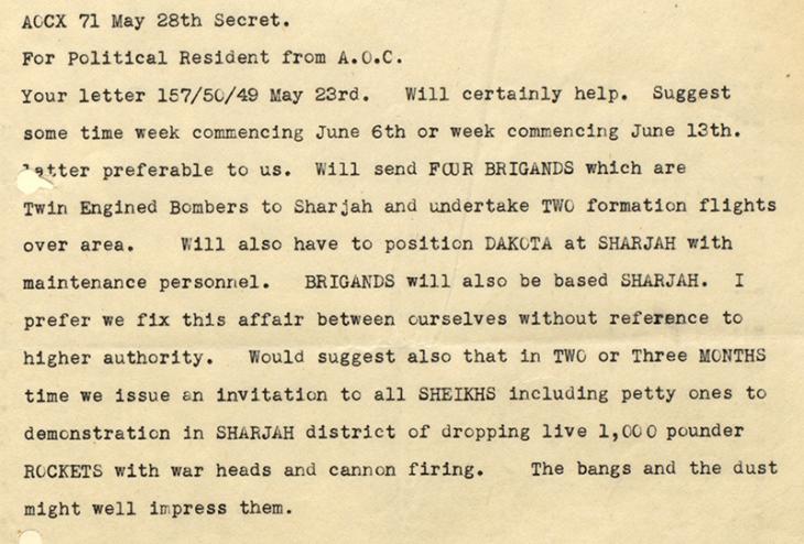 مقتطف من رسالة سرية صادرة من مقر القاعدة الجوية في العراق، إلى المقيم السياسي، بتاريخ ٢٨ مايو ١٩٤٩. IOR/R/15/2/293، ص. ٢