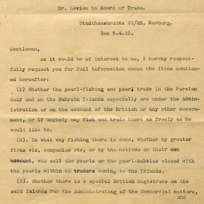 Extract of a letter from the Foreign Office, in reply to enquiries into the Gulf’s pearling industry by Dr Levien of Hamburg. IOR/R/15/2/3, ff. 15–16